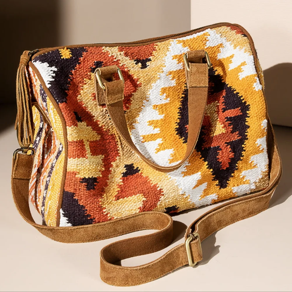 Handmade Boho Chic Satchel / Boston Bag - Navajo Aztec Inspired Design